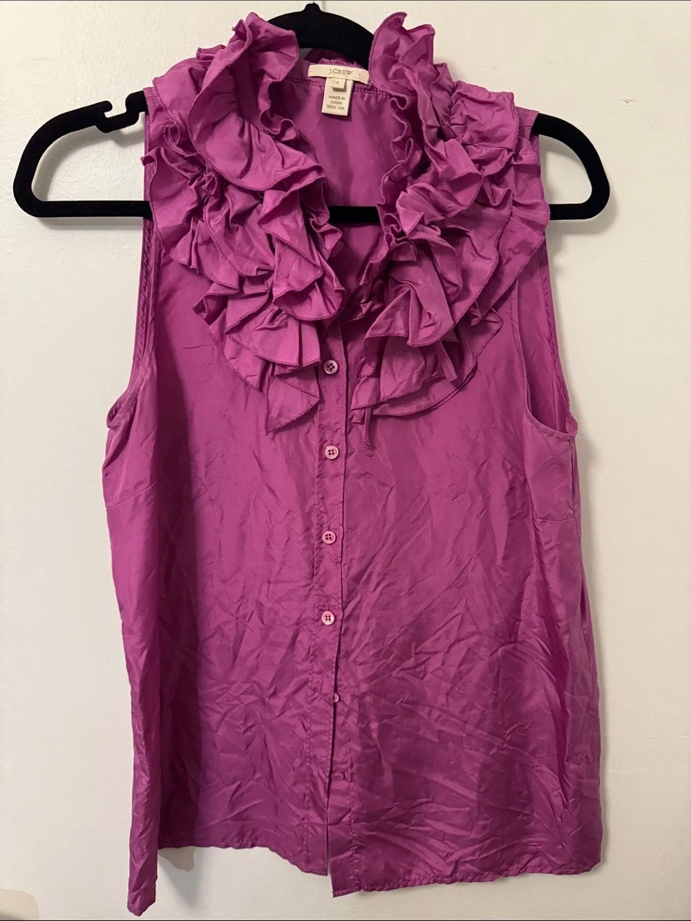 J. Crew Sleeveless Ruffle Button-Front Blouse in Magenta
